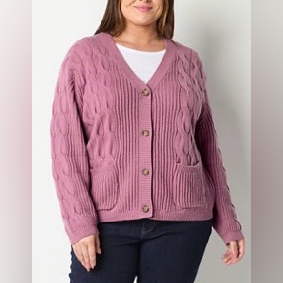 St. John's Bay Sweaters - New St. John's Bay Womens V Neck Long Sleeve Open Front Plus Cable Knit Cardigan